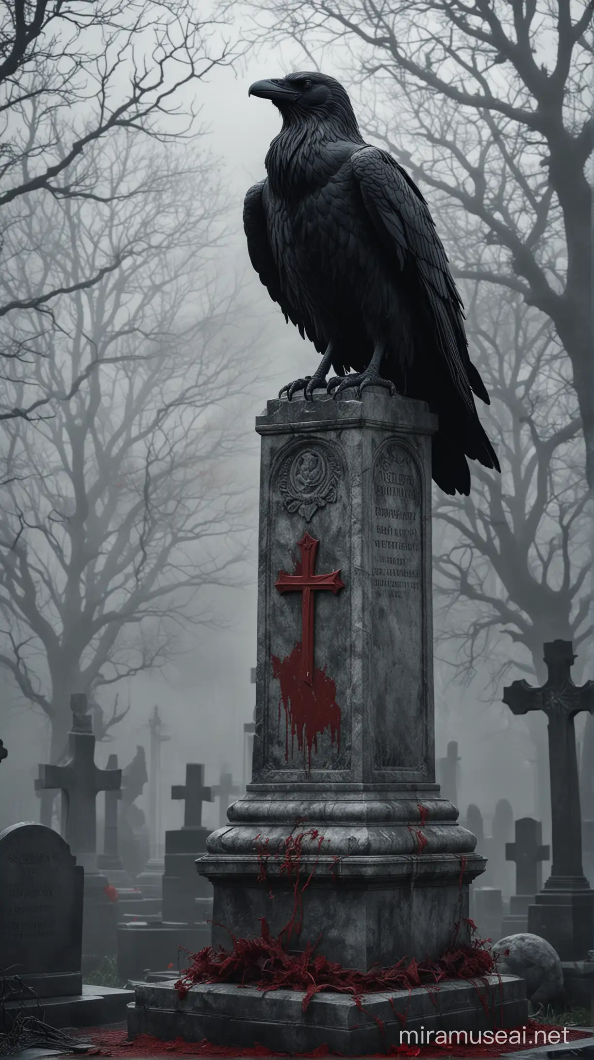 Cementerio siniestro,oscuridad,estatua de mármol,cuervo,texturas orgánicas,colores rojos y grises,realista,fondo niebla