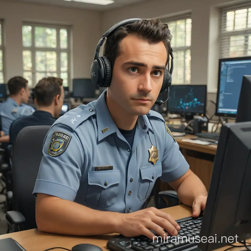 A policeman is in a room full of computers, sitting in front of a computer. He has headphones on. On the screen in front of which he is sitting, a message is received with a text. The policeman is seen typing on a keyboard. In the picture you will also see the computer screen used by the policeman