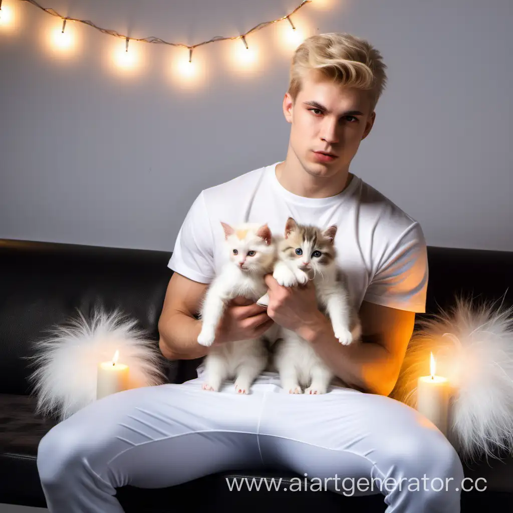 Athletic-Young-Man-Relaxing-with-Fluffy-Kittens-by-Candlelight