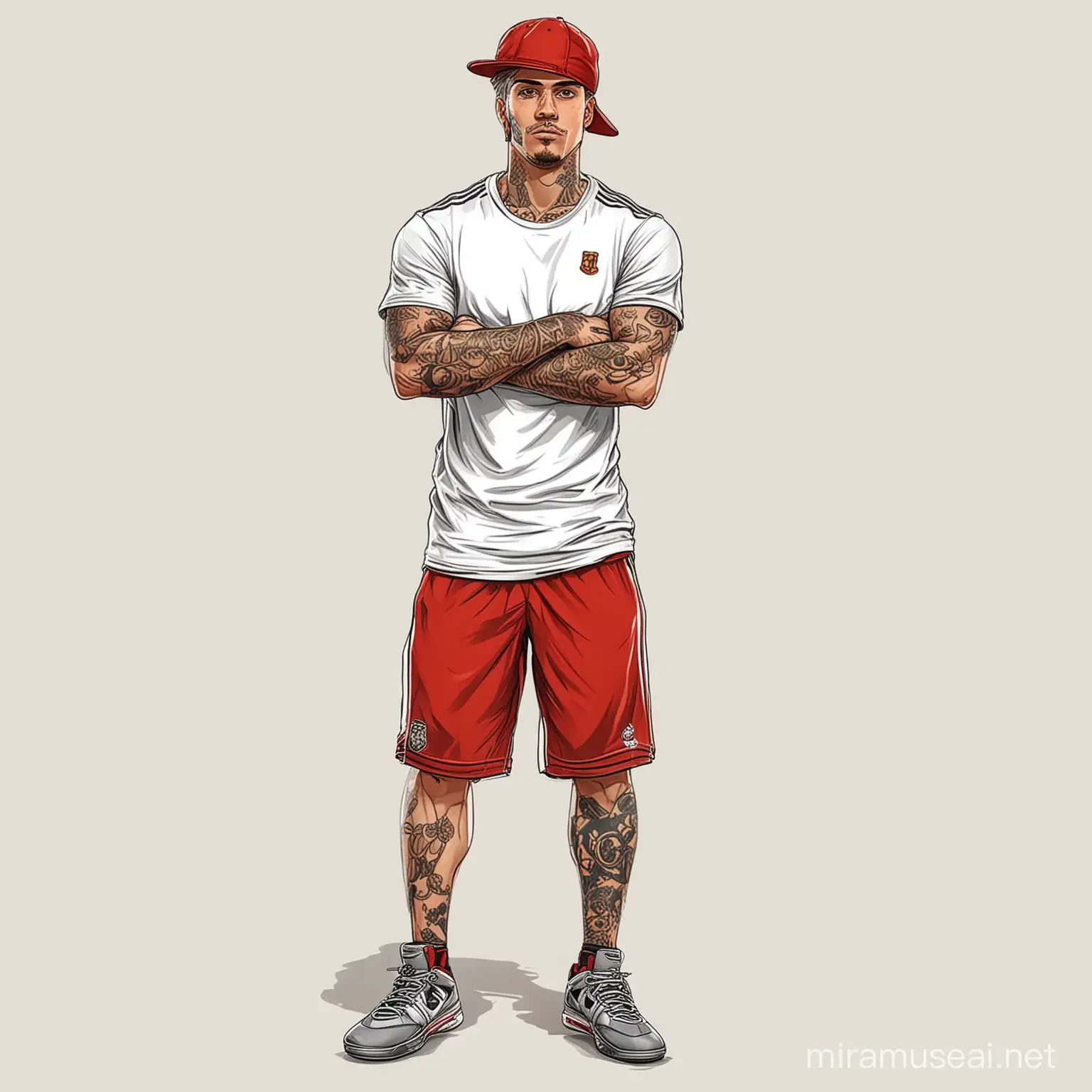 one guy, dressed with basketball equipment , t-shirt and football shoes, , standing with a football, with tattoos, wearing a cap, arms are crossed, normal body comformation, style vector, drawing, comic, white background