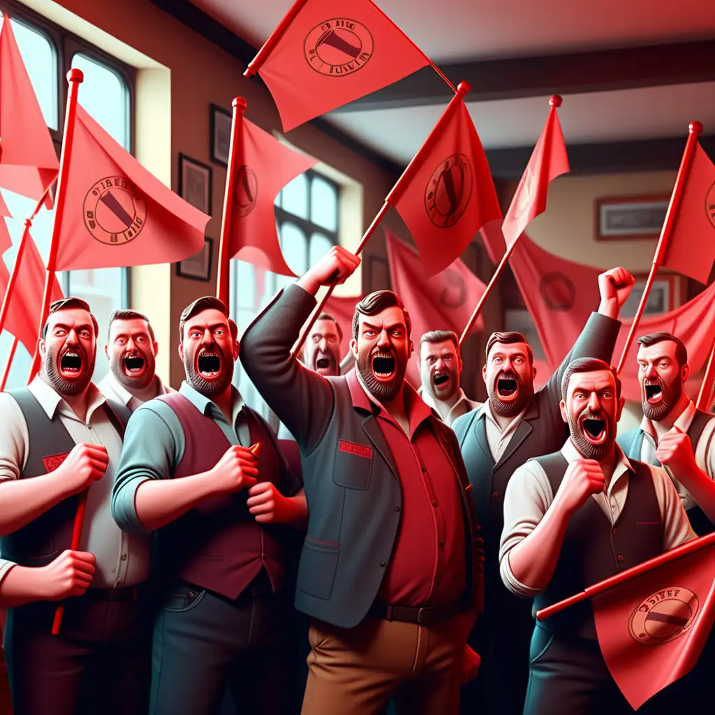 surrealistic image of the trade union members with full red flags celebrating a succesfull strike in a pub.