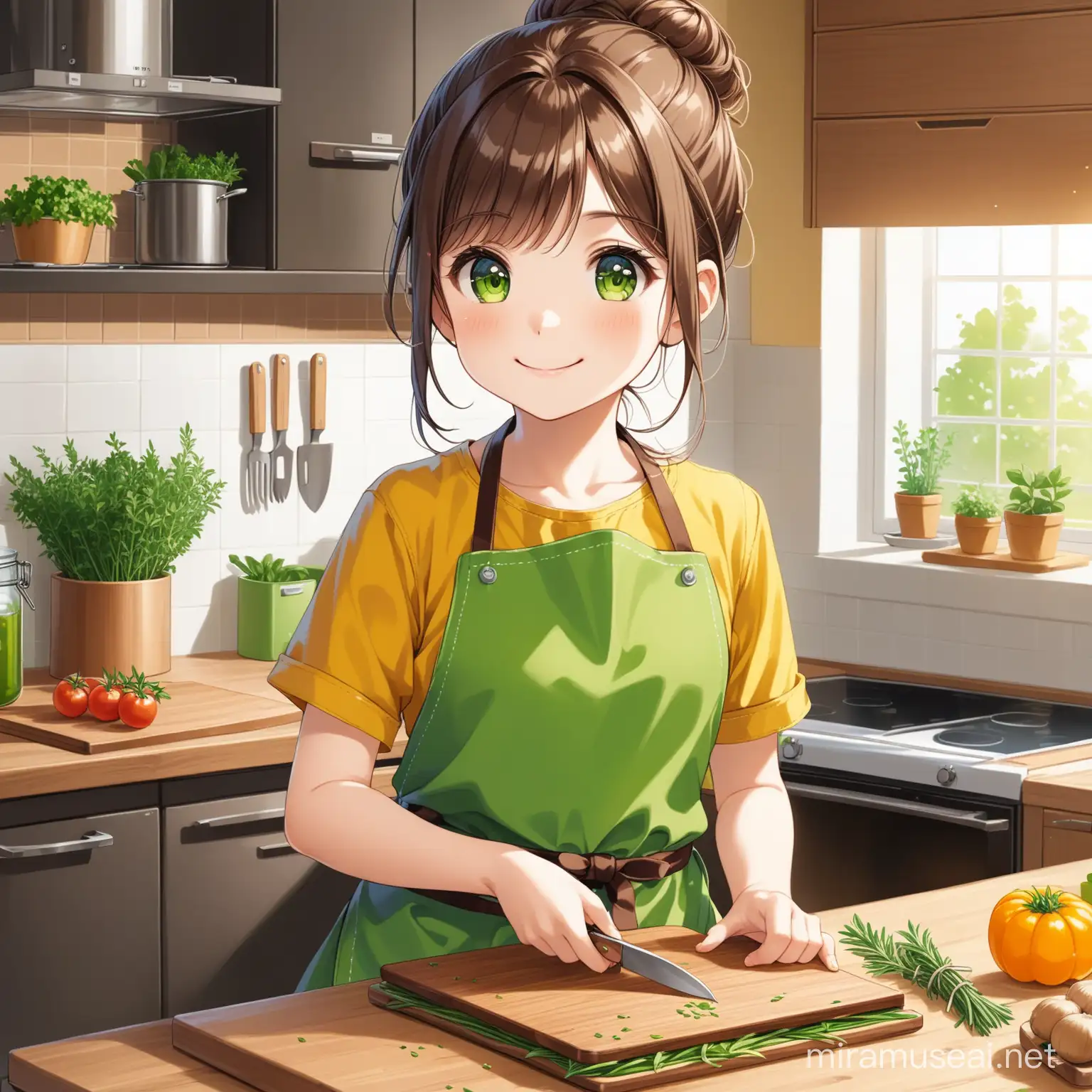 11 year old girl, brown hair in a messy bun with bangs, yellow apron with pockets and in the pockets are green herbs, holding a leather brown cookbook and green herbs, green eyes, in a cute vegetarian kitchen, smiling, chopping boards on a bench, an oven, a cute fridge,  