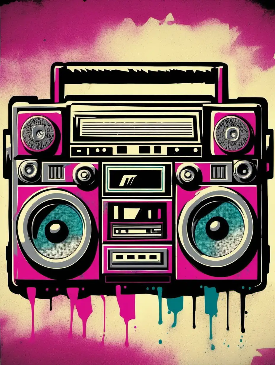 Retro image i an 90s style spray paint design of a classic boombox for cassettes
