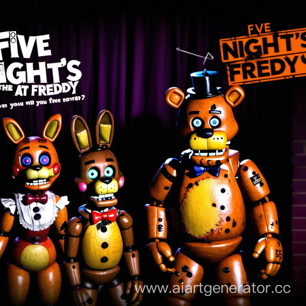 Аниматроники Фредди, Бонни, Фокси, чика и на заднем фоне марионетка с оранжево-черным фоном и с английской надписью "Five nights at Freddy's, Can You Survive March 7