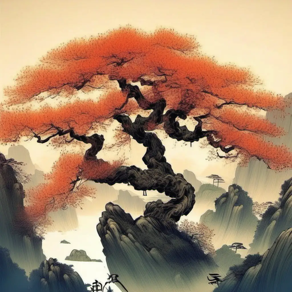 I want to see a nice big tree. The style must be in a Chinese style. I want the artwork in nice colors.
