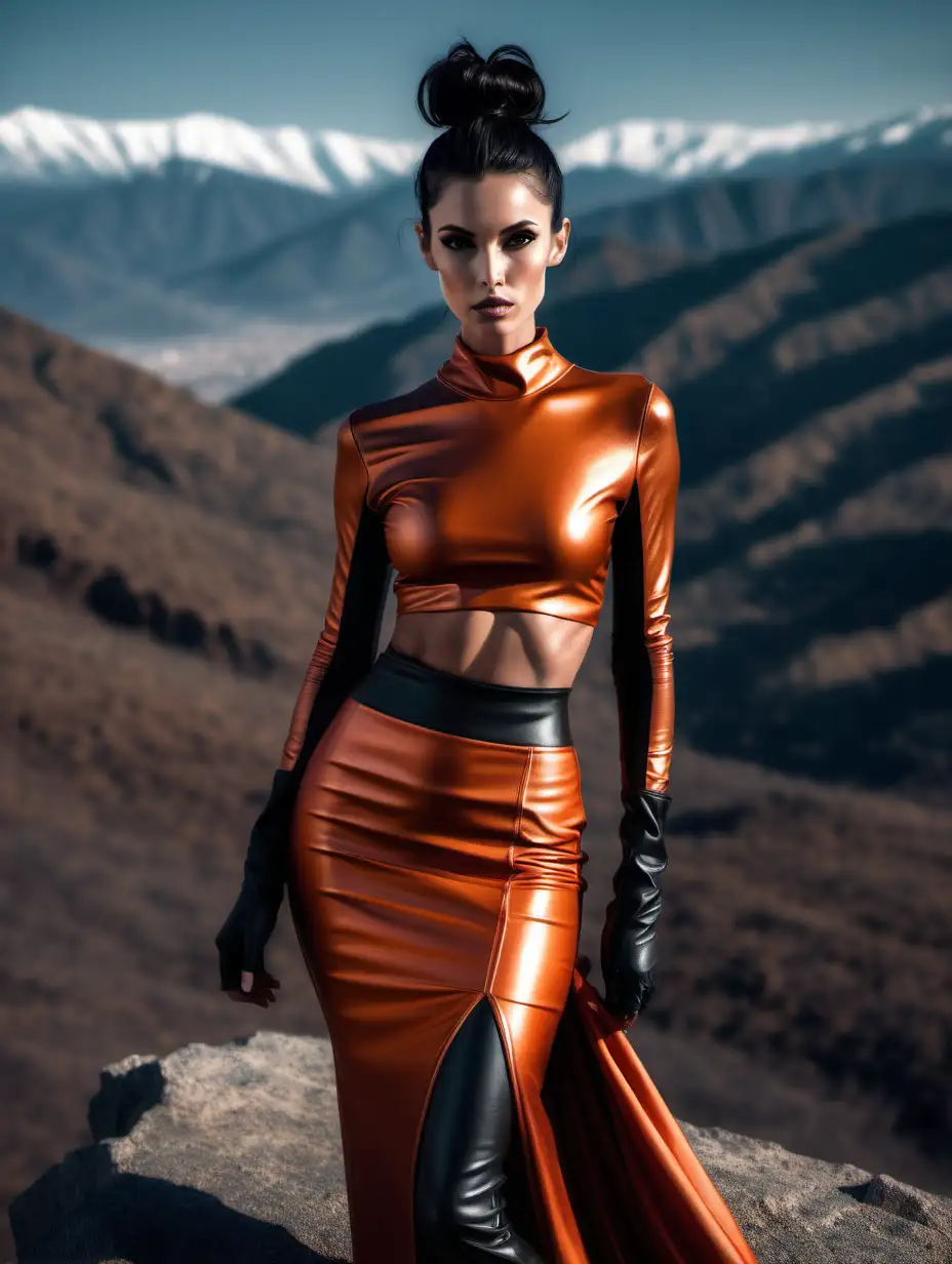 A skinny, realistic, big-breasted, beautiful fitness female model with leather and long black hair wearing it up in a bun, an elegant 2-piece sleeve and a dark orange metallic gown standing on the mountains and a whole body shot from the top of his head to his feet.