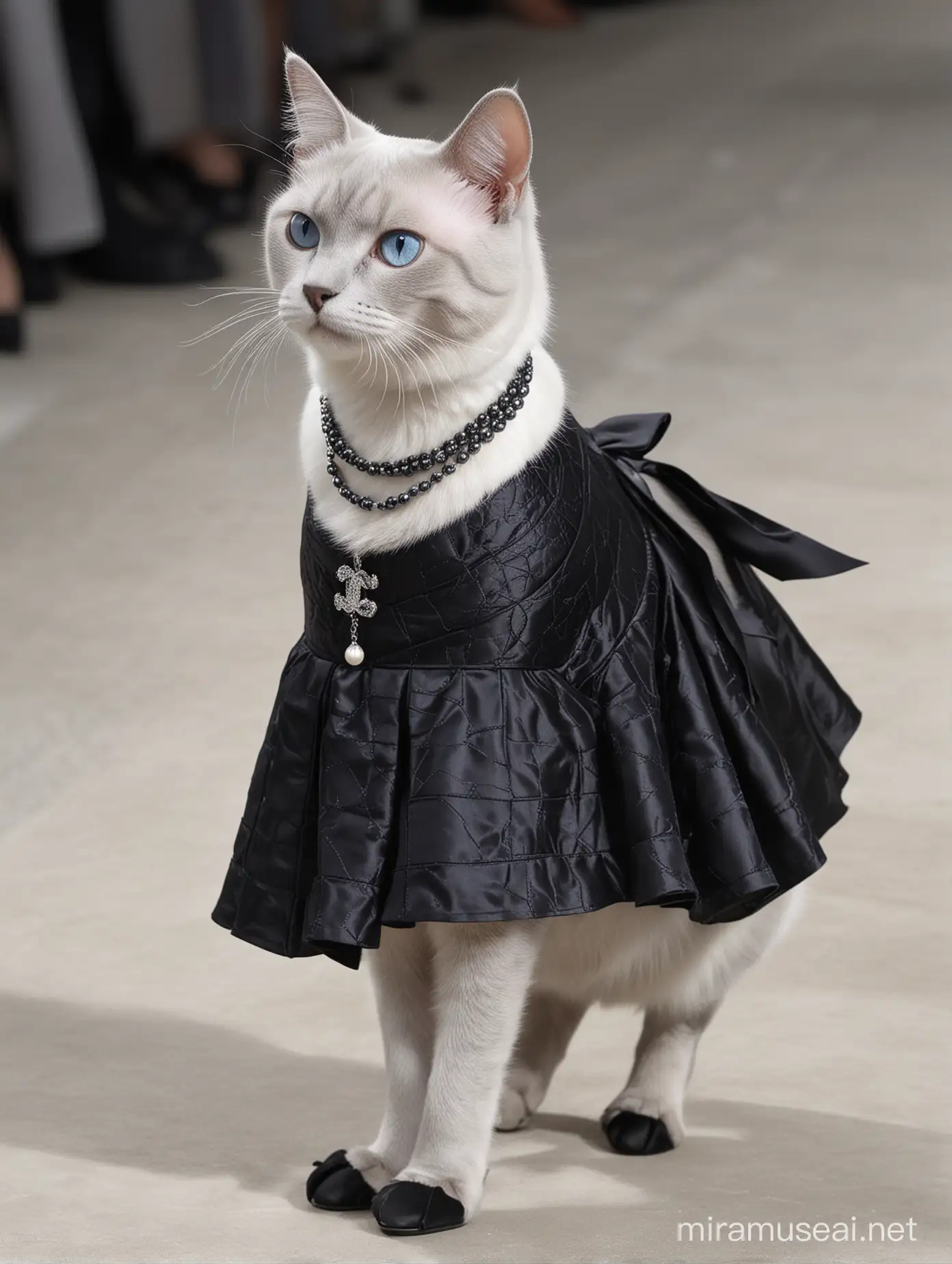 Side view, anthropomorphic, a silver-gray haired Maine Maine cat with blue eyes, wearing a black Chanel haute couture dress, heels, Milan Fashion Week, surrealist photography, close-up, runway walk, white camellia pearl necklace, fashion haute, runway lighting, -ar 3:4-s250-v 6.0
