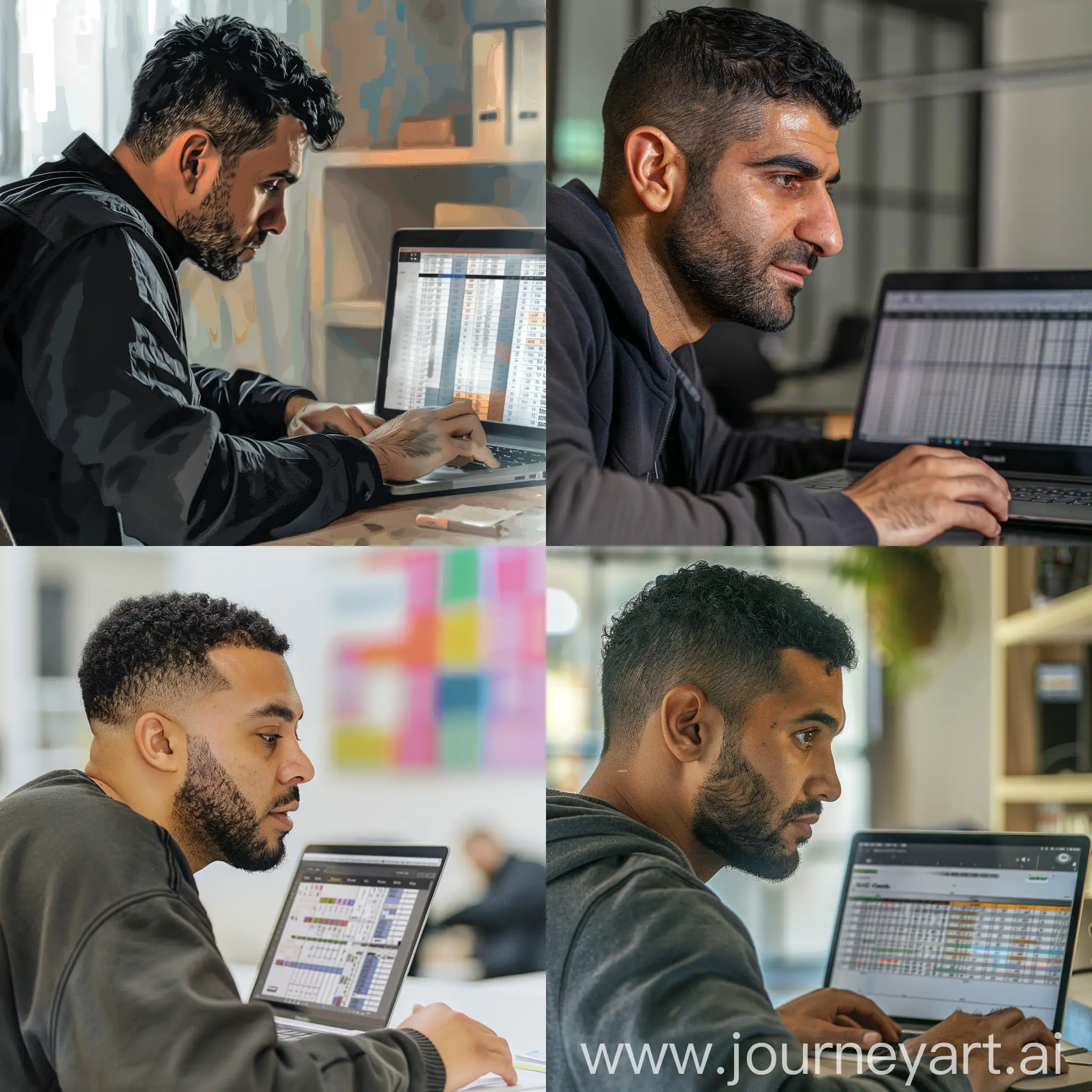 realistic portrait of a man with short black hair and a beard working on a spreadsheet in the office with a laptop
