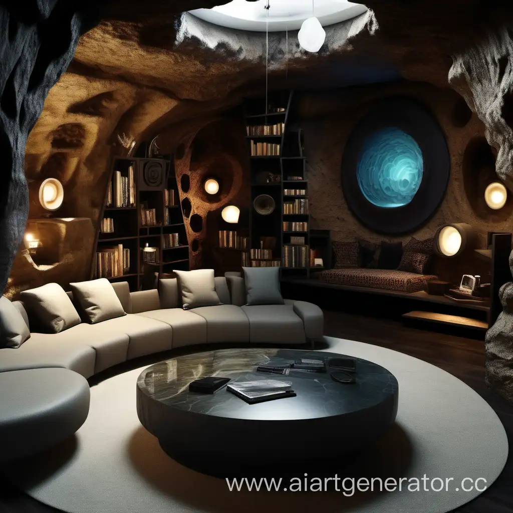 Пещера с различными технологиями встроенными в стены, фантастика, жилая комната с круглым резным столом по середине, тёмные оттенки