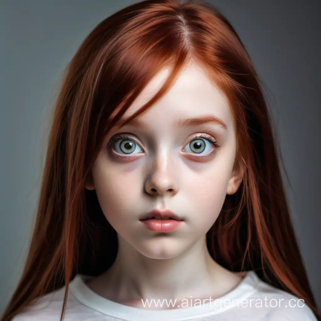 Девушка низкого роста, хрупкая, с редкими длинными прямыми волосами рыжего цвета, большие выразительные глаза с выразительным взглядом. Широкое квадратное лицо украшает узкий нос, и толстые губы.