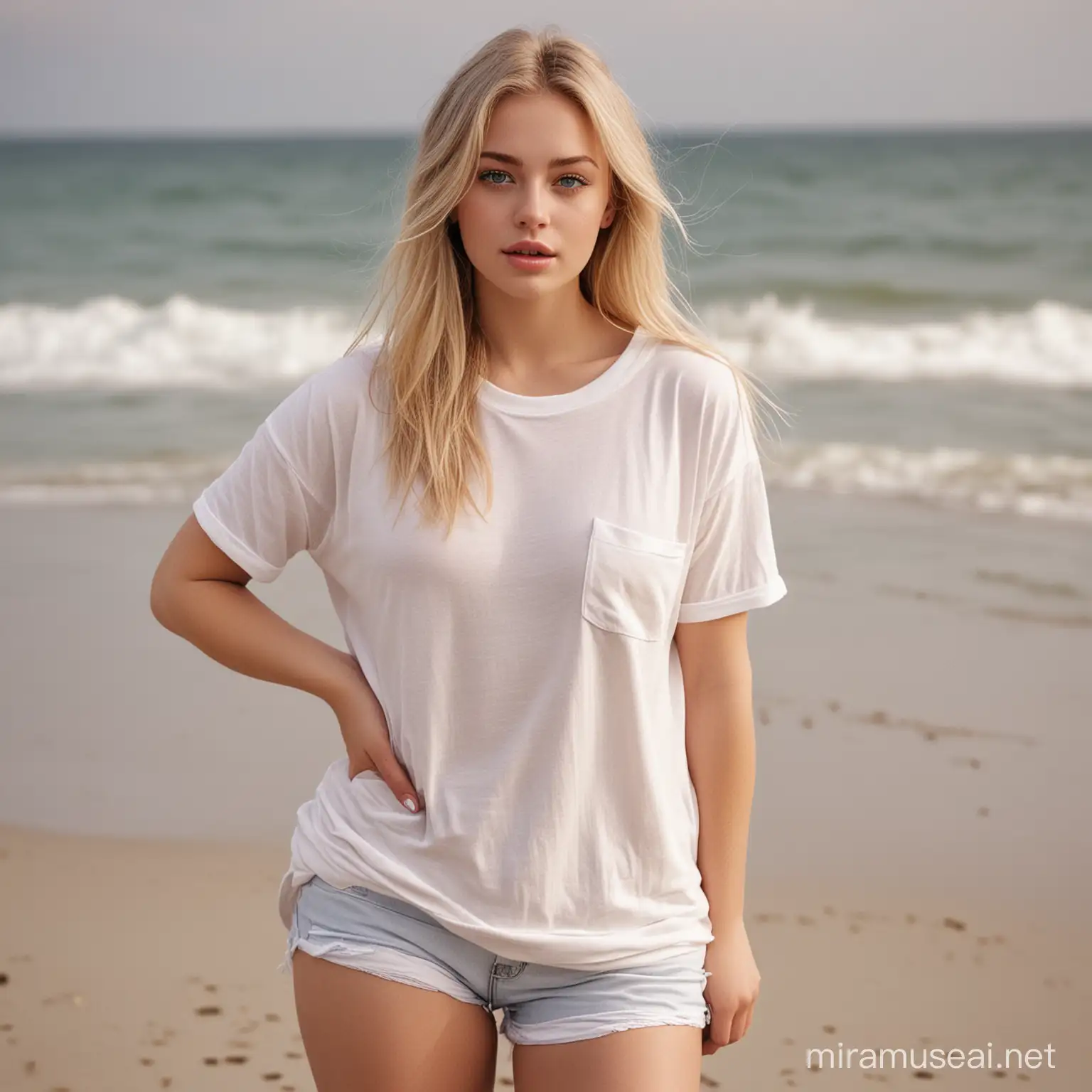 Beautiful caucasian Nordic woman aged 21, very attractive, round baby face, highly detailed round blue eyes, curvy figured, with long legs with one small brown birthmark on her upper thigh, and long blonde hair and pink lips and enormous breasts wearing an oversized loose Ivory Comfort Colors brand, model 1717, plain t-shirt with no pocket and no pockets, wearing knee-high socks, on the beach, highly detailed full body photograph
