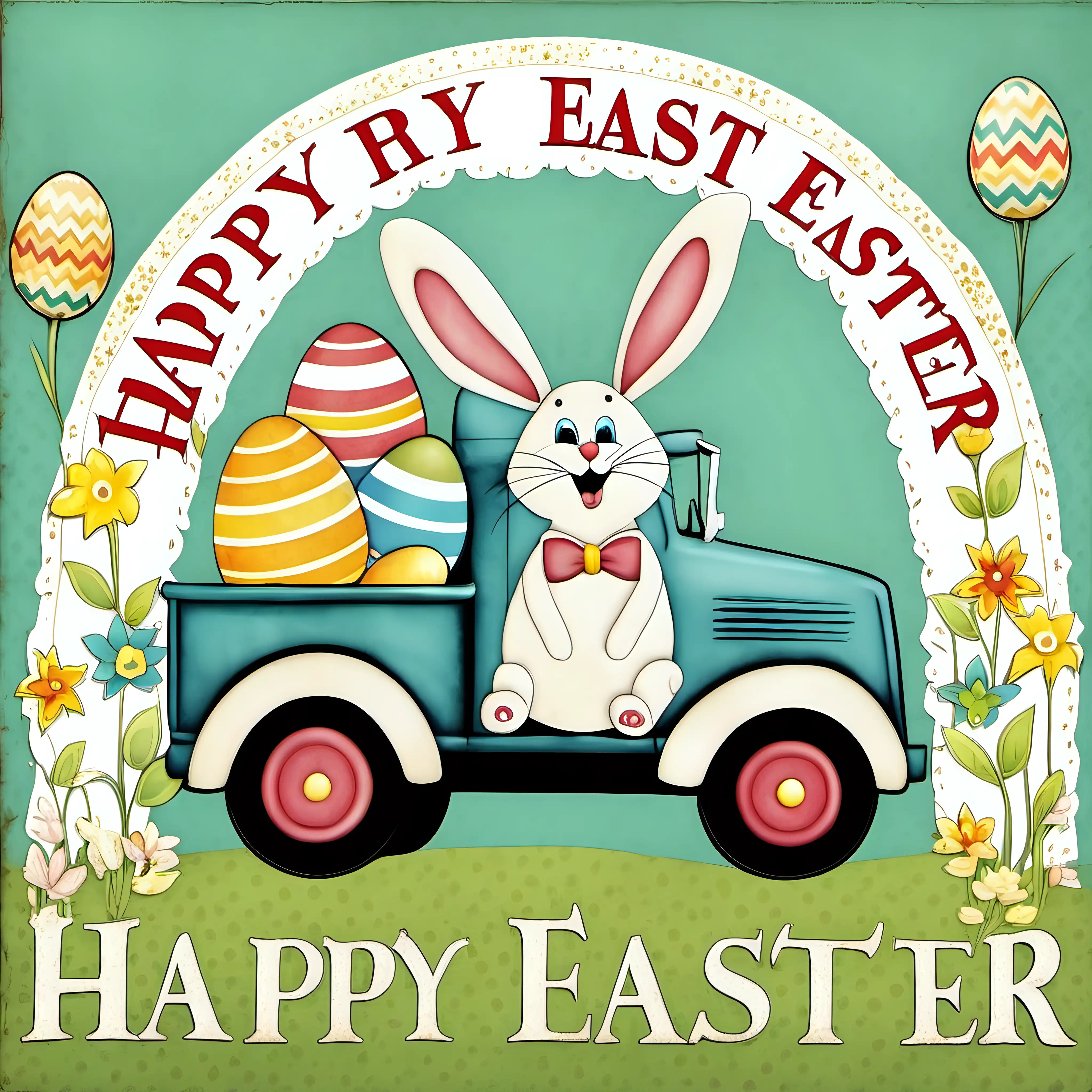 Joyful Easter Celebration with Arched Letters Easter Bunny and Blue Truck  on a Transparent Background