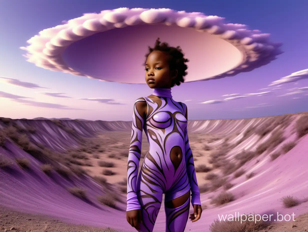 Desert landscape with a crater under a gently lilac sky with rare clouds, an African girl, 12 years old, in a pleasant bodystocking, futurism baroque.