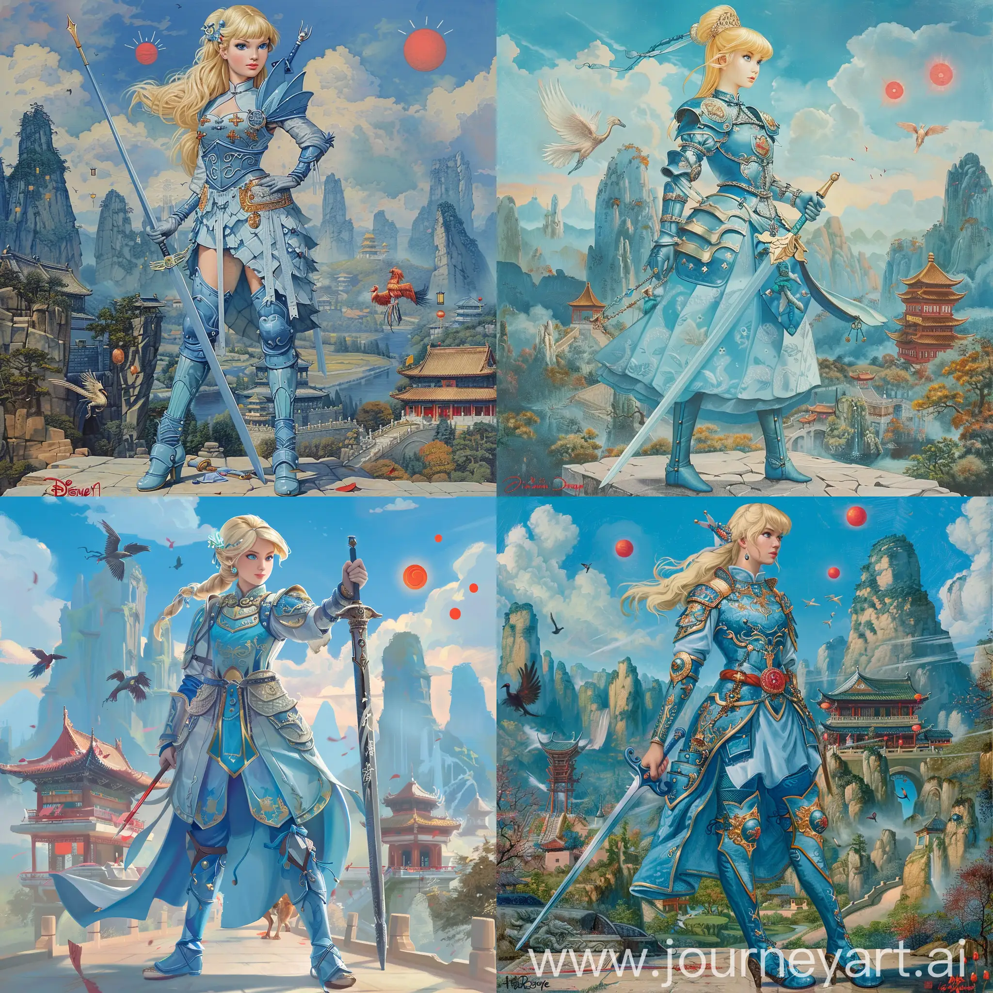 Historic painting style:

a Disney blond French Princess Cinderella, she wears light blue and deep blue color Chinese style medieval armor and boots, she holds a Chinese sword in right hand, 

Chinese Guilin mountains and temple as background, small phoenix and three small red suns in blue sky.