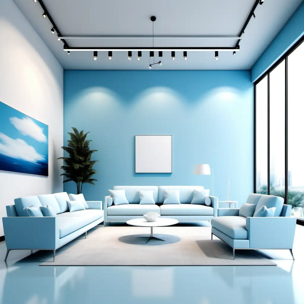 modern furniture showroom with sleek couches and chairs, clean and welcoming design, professional ambiance, blue calm blue sky blue baby blue white light, playful fun friendly casual simple clean