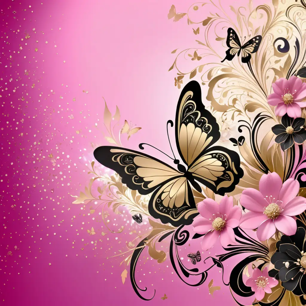 Elegant Pink Colorsplash with Gold Ivory and Black Accents Featuring Flowers Butterflies Filigree Glitter and Sparkle