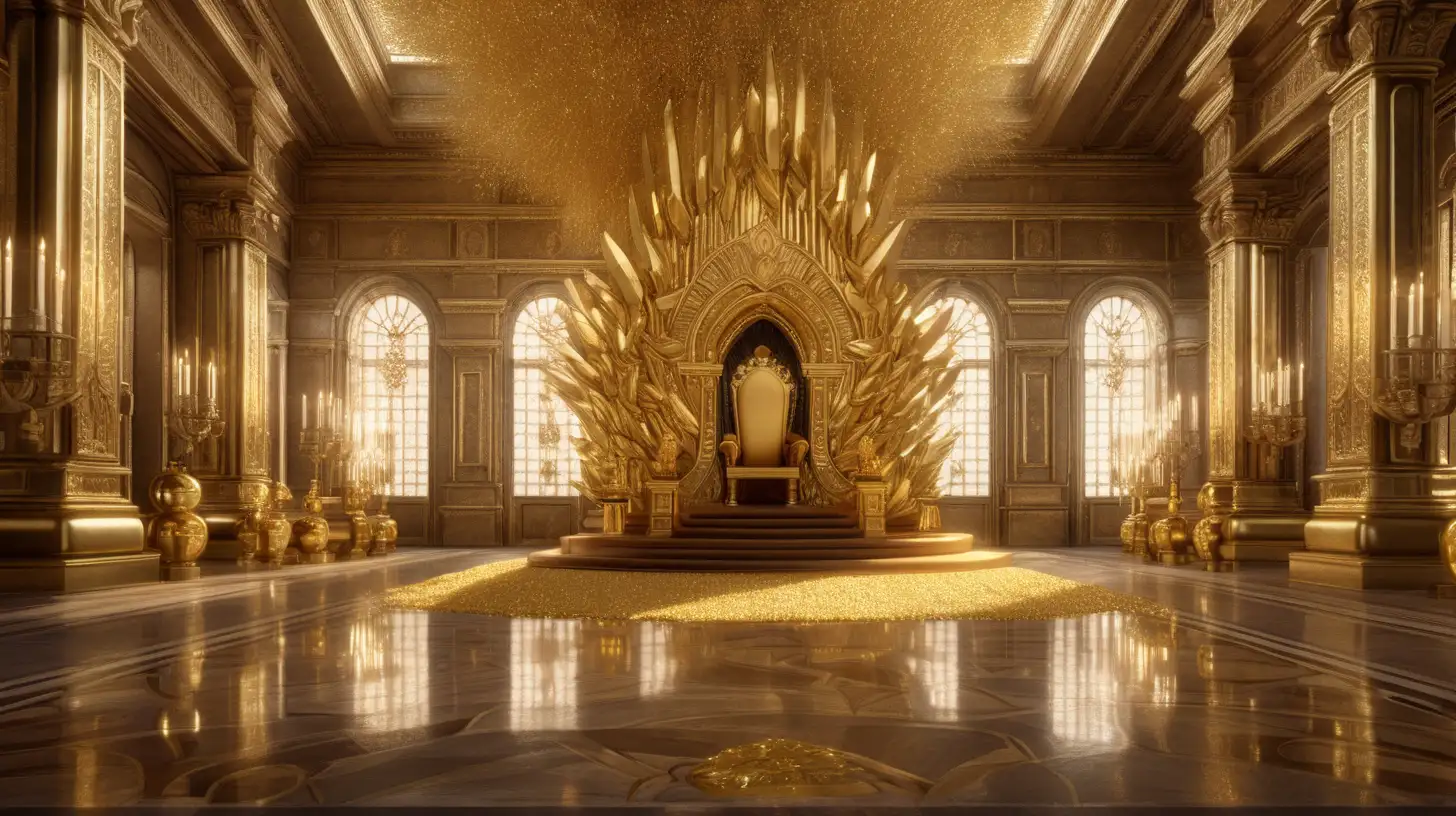 throne room made entirely out of gold. double height. long hall. grand hall. ballroom. very intricately and microscopically detailed. light particles. cinematic lighting and cinematic shading. surrounded by gold bars and melted gold. fanatically pragmatic 3d blender sfm compositions. ultra realistic blender sfm textures.