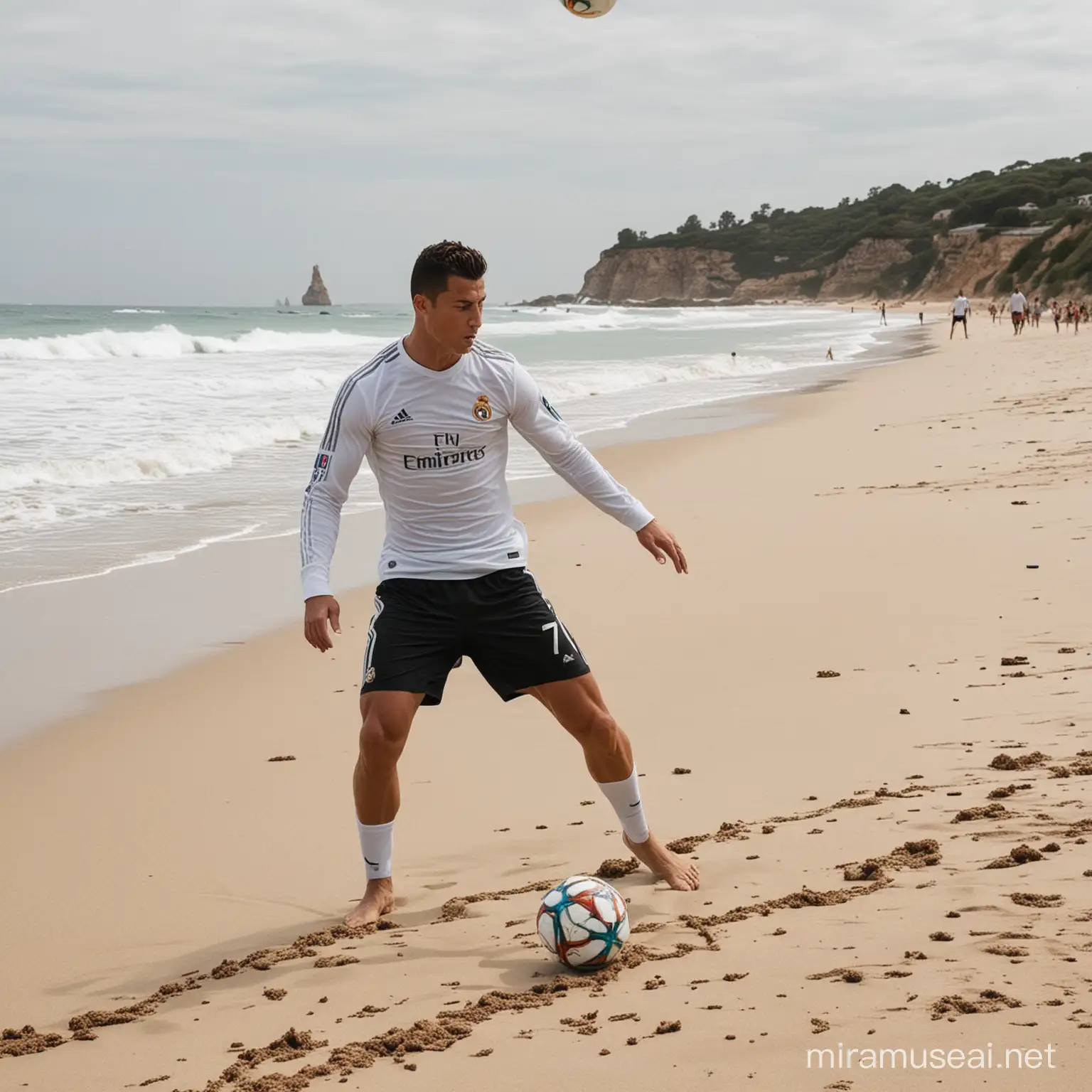 Cristiano Ronaldo trains on a secluded beach, perfecting his free kick technique.