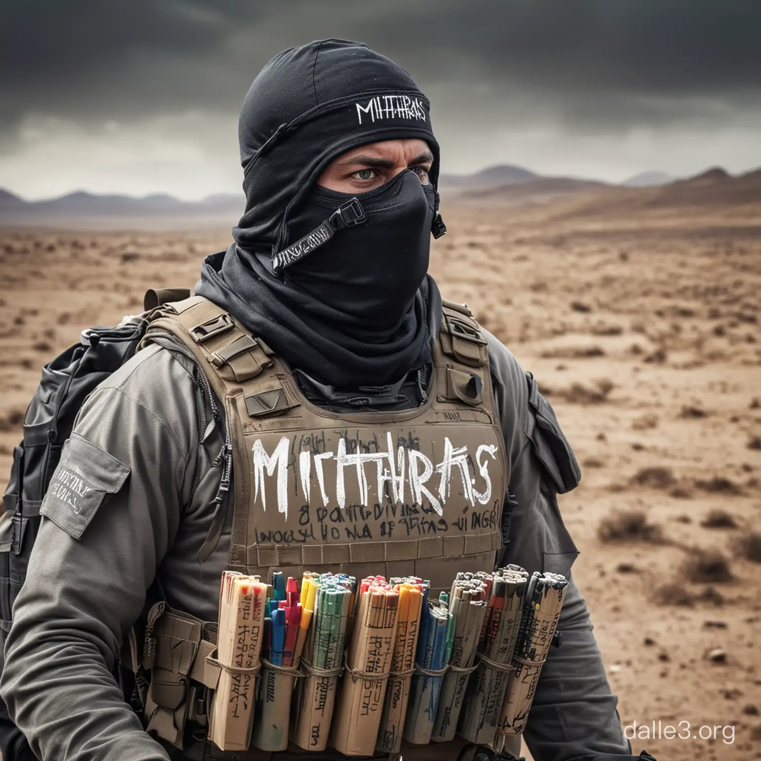 modern tactical soldier with helmet and balaclava tactical gear in intense battlefield with backpack of a unholy amount of crayons and the word "MITHRAS" written on his armour