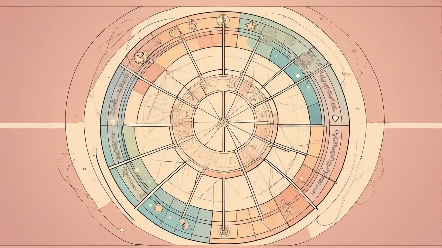 ASTROLOGICAL WHEEL,  love, first step, Loose lines. Muted color, ADD ribbon style BANNER 