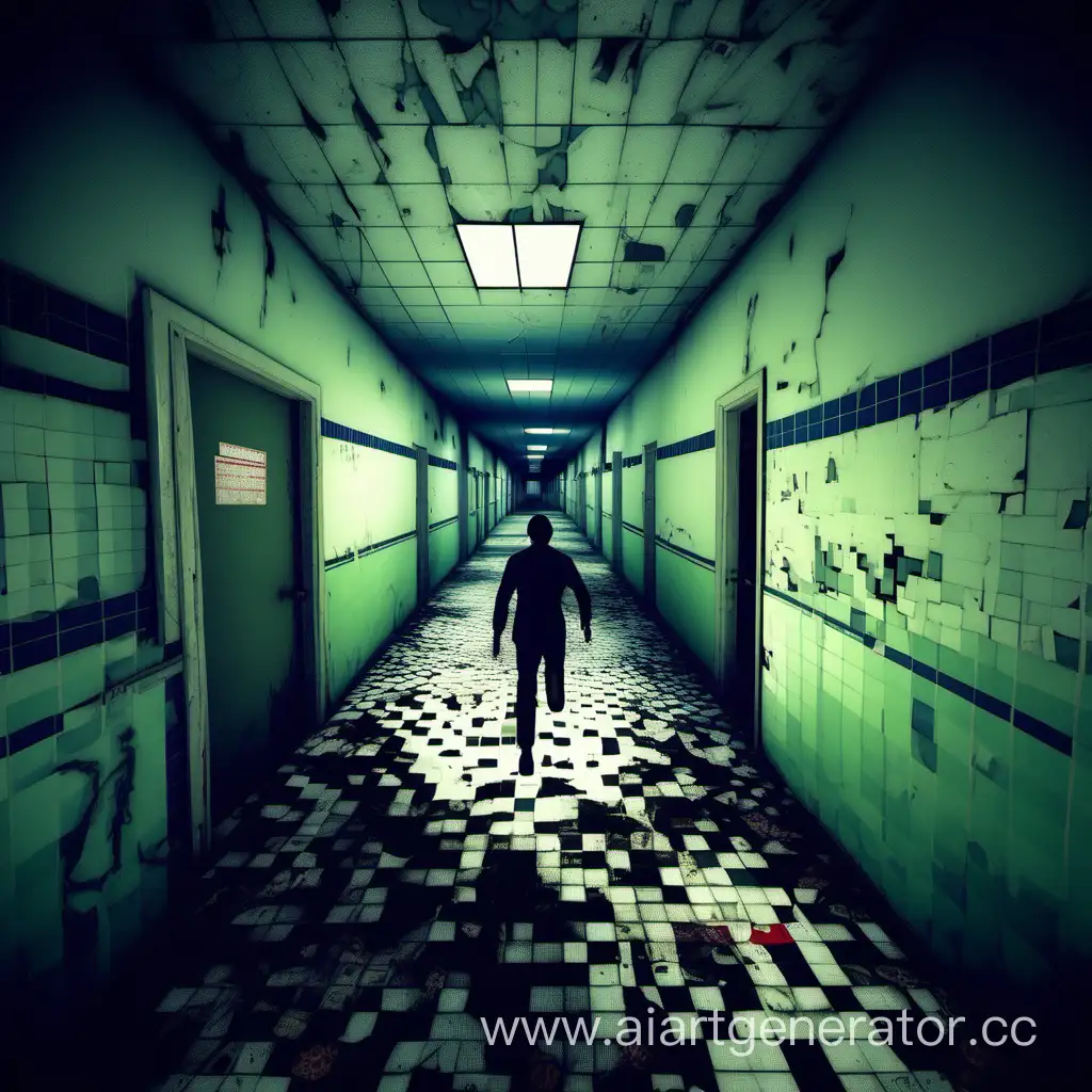 A first-person view of a man running through an abandoned psycho hospital pixels graphics