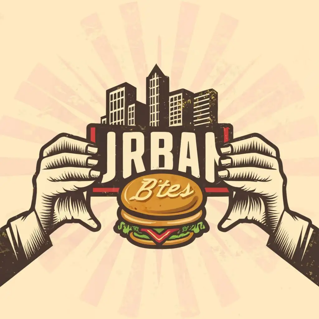logo, two hands holding the logo name like a burger with buildings in the background retro style, with the text "Urban Bites", typography, be used in Restaurant industry
