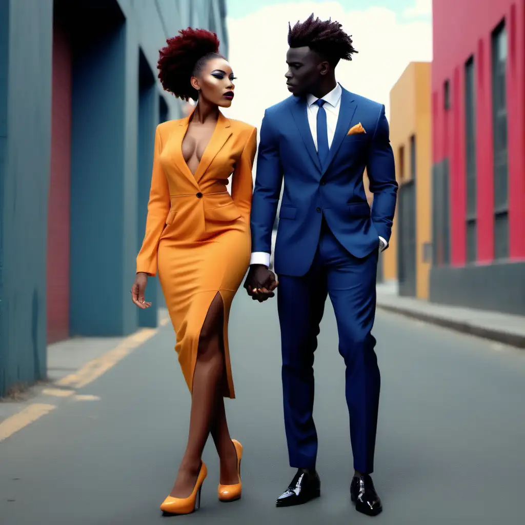 Beautiful African American Couple, realistic, 4k, man wearing full suit, shirt and shoes match colours. Woman in full length dress, full makeup, natural hairstyle, elegant. Urban background