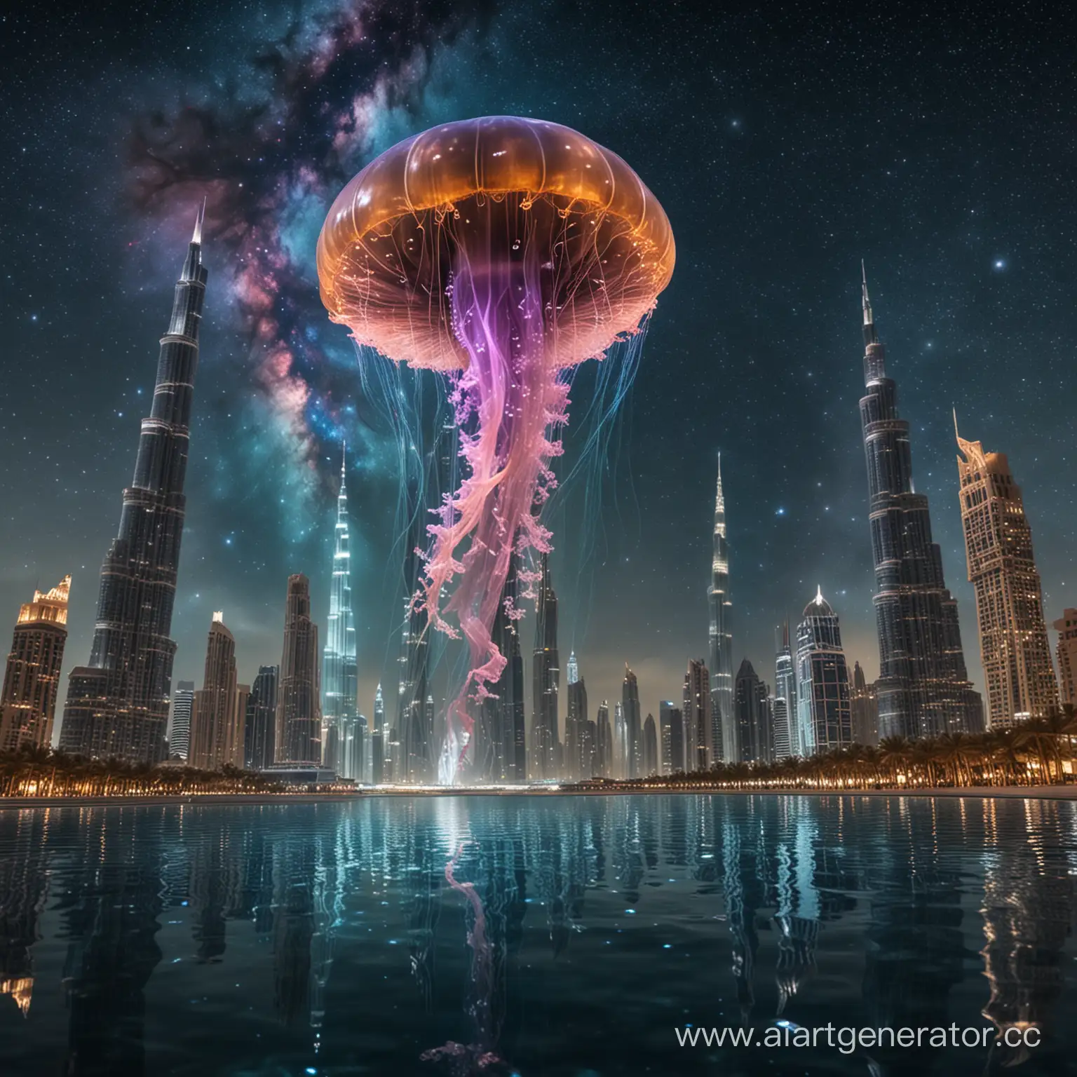 галактическая медуза плывет по всемирному мирозданию космоса на фоне бурдж халифы