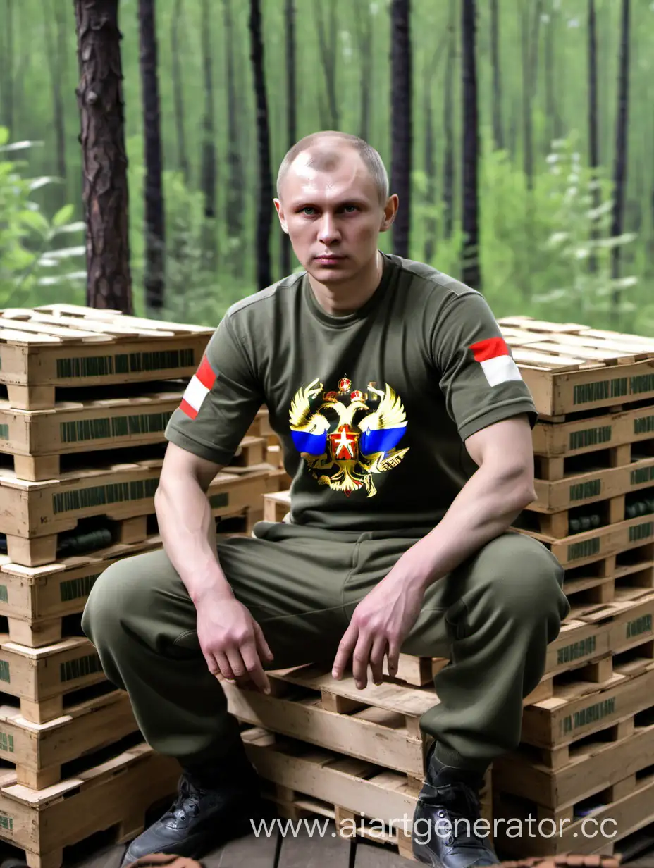 русский солдат в военной футболке и штанах сидит на ящиках с боеприпасами, а сзади лес