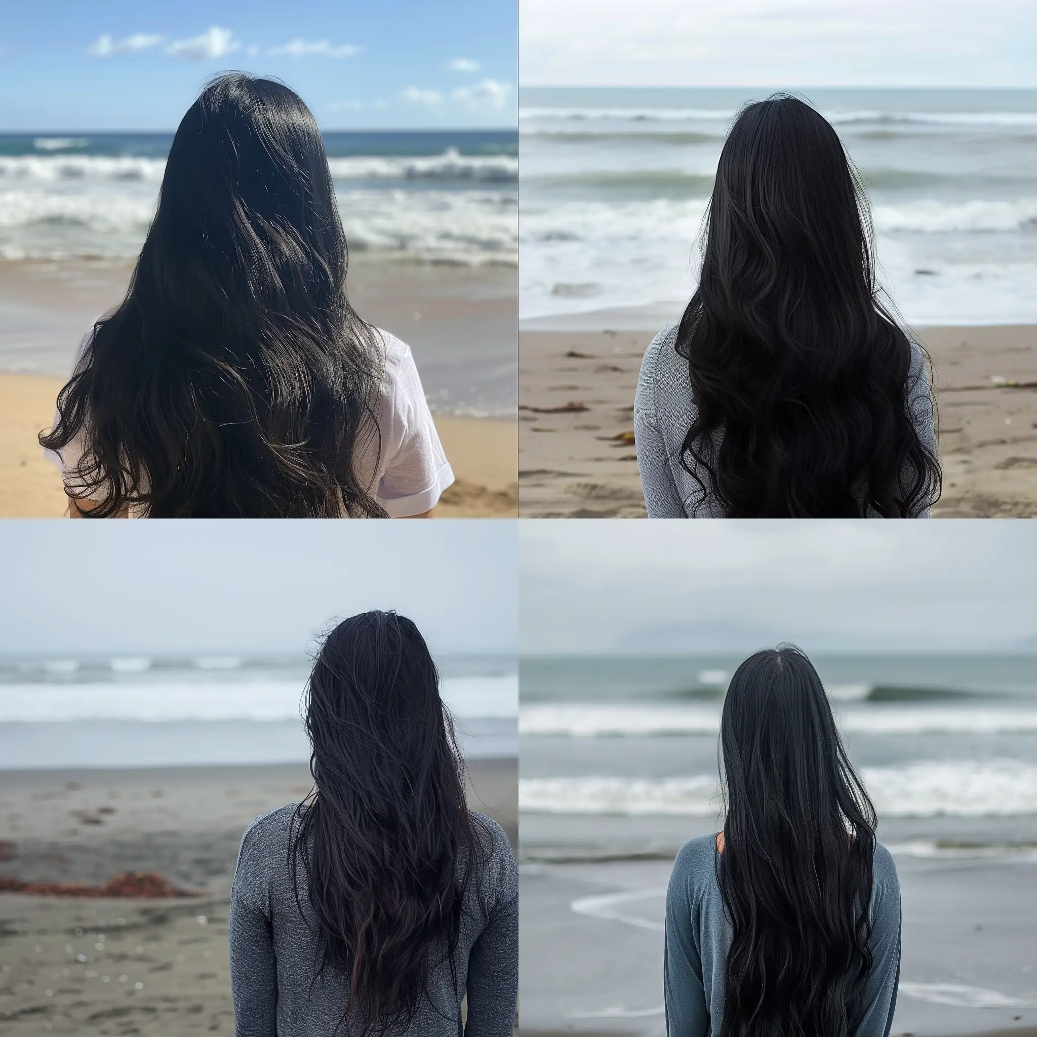 Girl with long black hair facing away on a beach looking at the ocean 