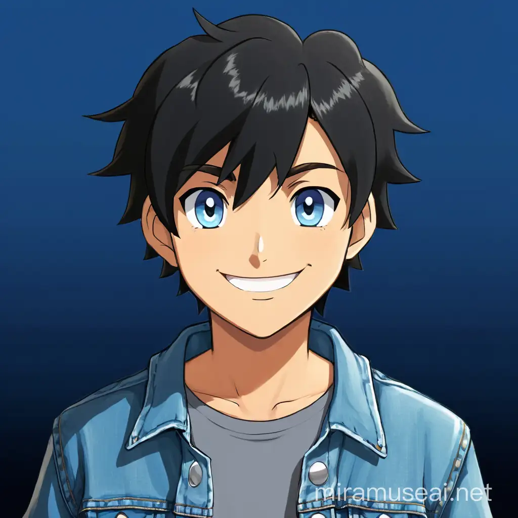 Friendly teenage artificer boy with short, wavy, black hair, round blue eyes slightly tanned skin, and a denim jacket. looking at the camera straight-on in front view while smiling.  drawn in the Pokemon-style