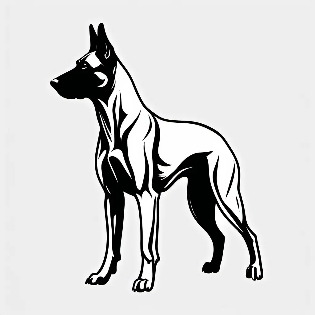 Simple Black drawn outline of a standing at attention Belgian Malinois dog, white backgroud, side profile