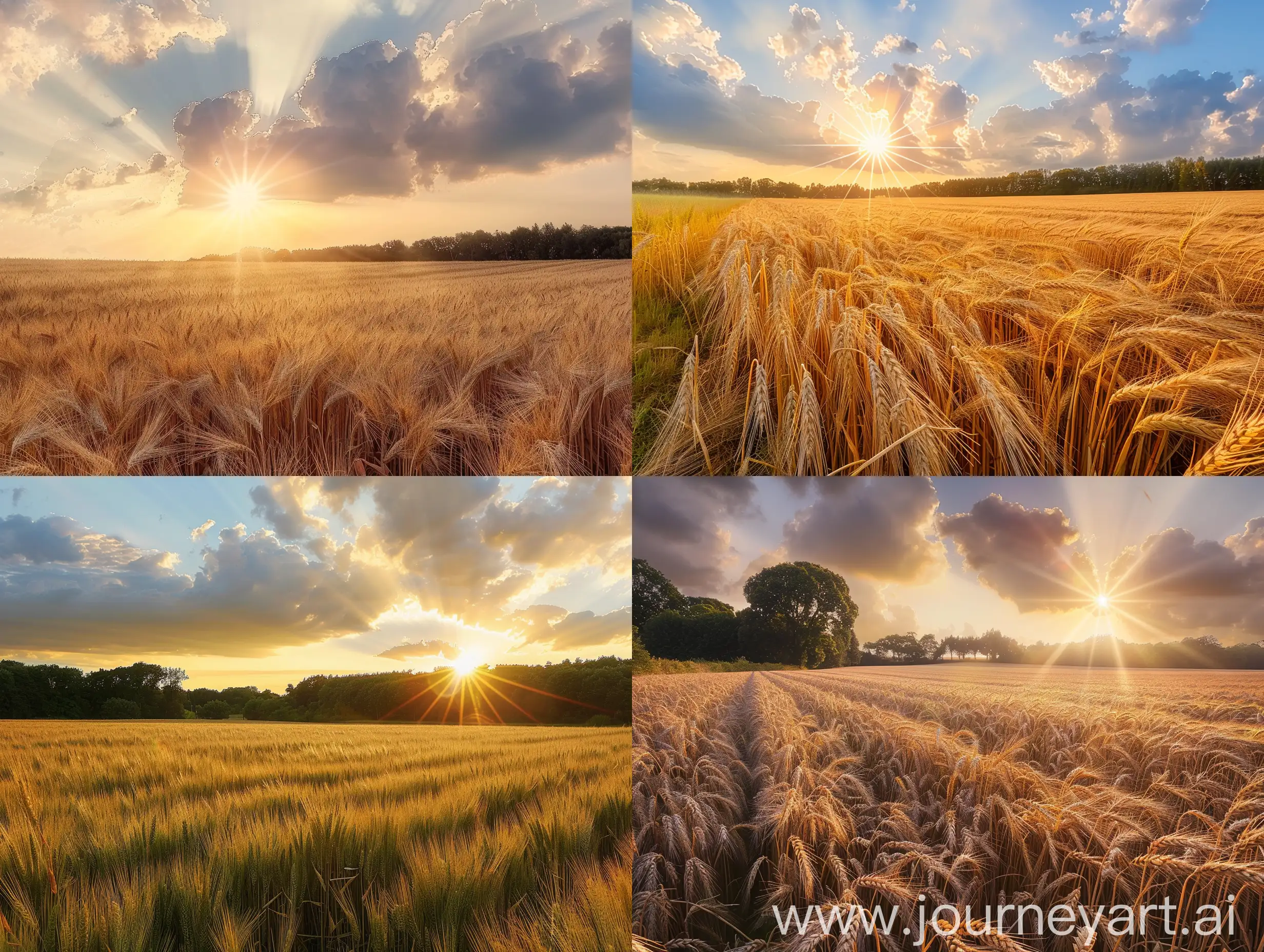 wheat fields stretching beyond the horizon, copses, evening sun, everything in warm colors, sun rays through the clouds, realistic light, distance, photography, realistic, hyperrealism