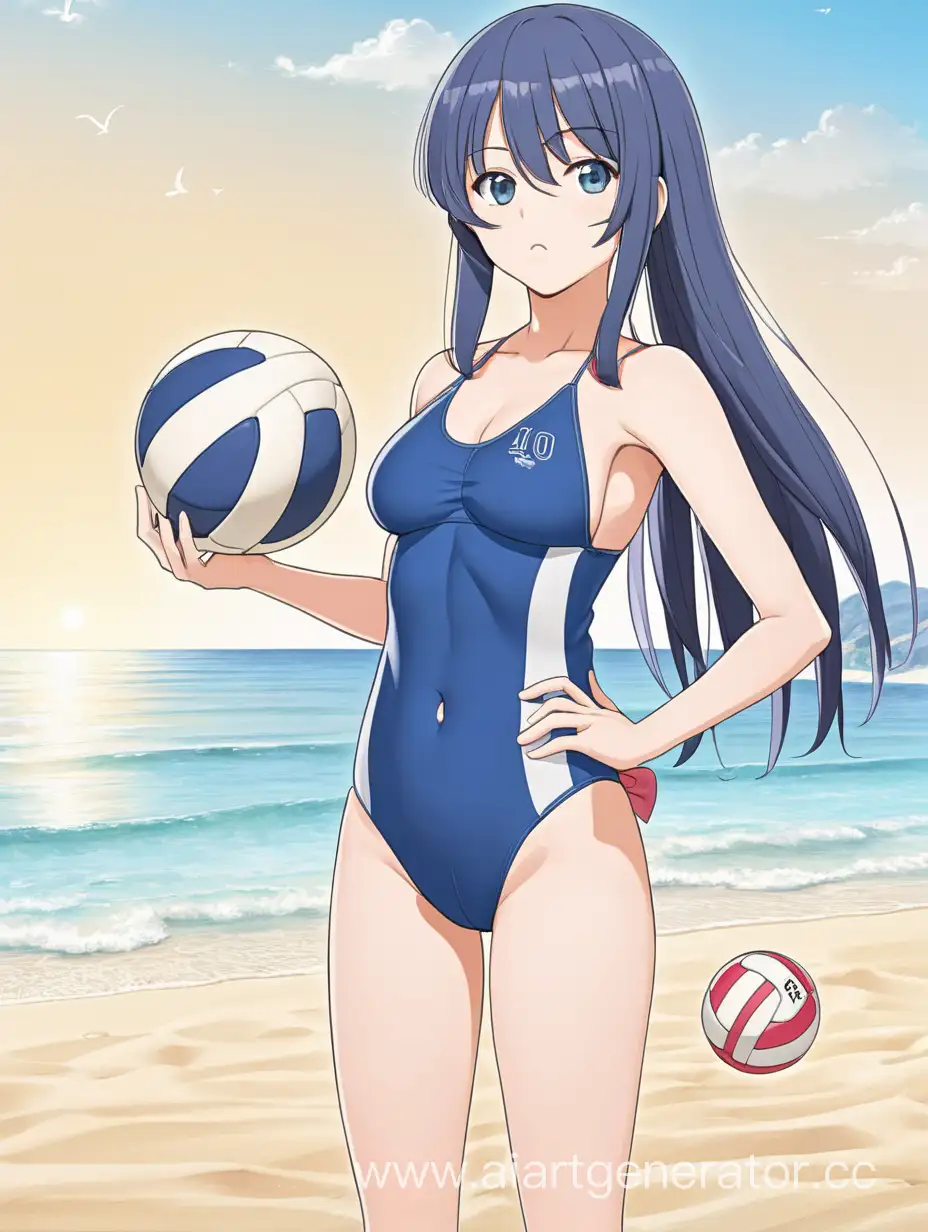 Anime-chan is standing on the beach in a swimsuit, holding a volleyball in her hands. 