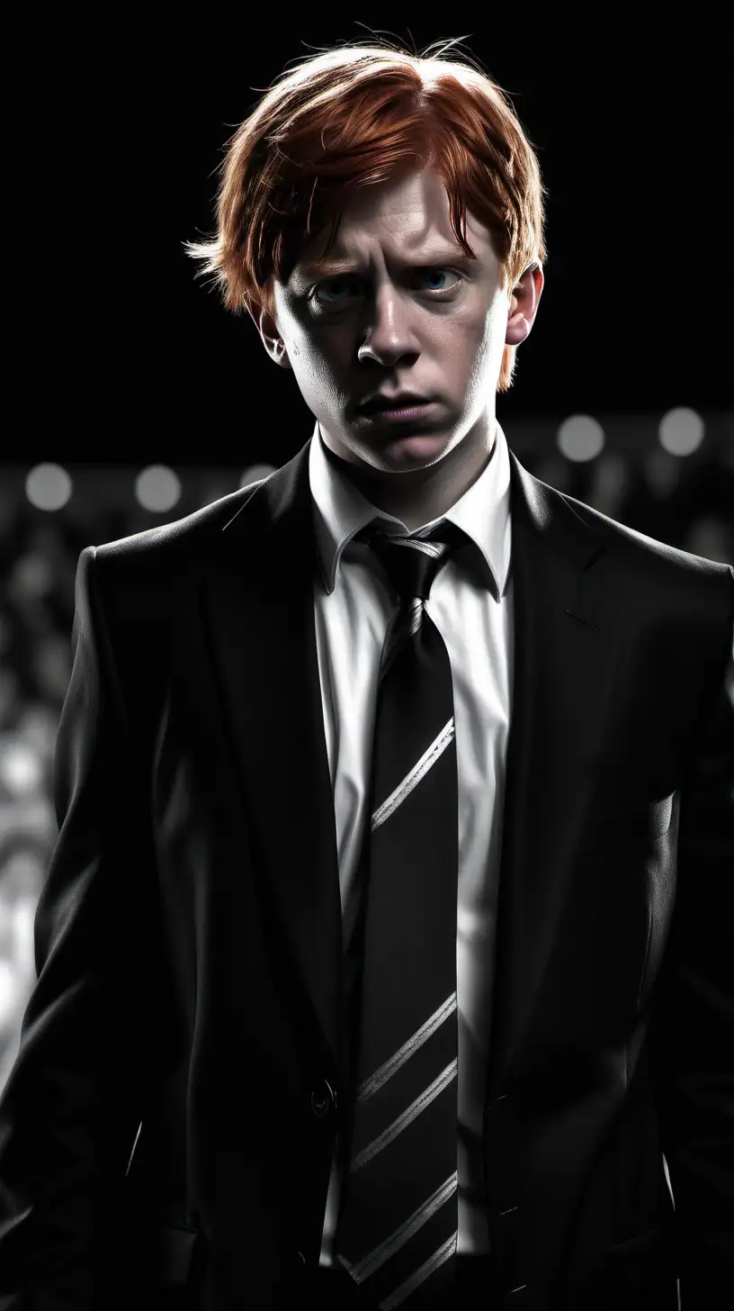 sin city style, black and white, Ron Weasley, red hair, dressed in black suit, shirt and necktie, standing on arena, concentrated, hyper-realistic