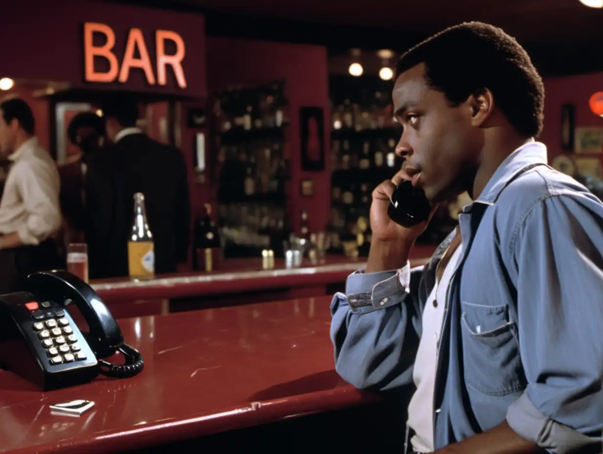 1985, film still, black male, pick up the phone, bar