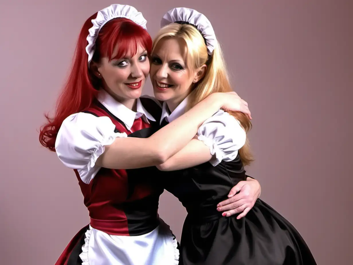girl in long crystal satin retro maid red lilac black uniforms and milf mothers long blonde and red hair hug