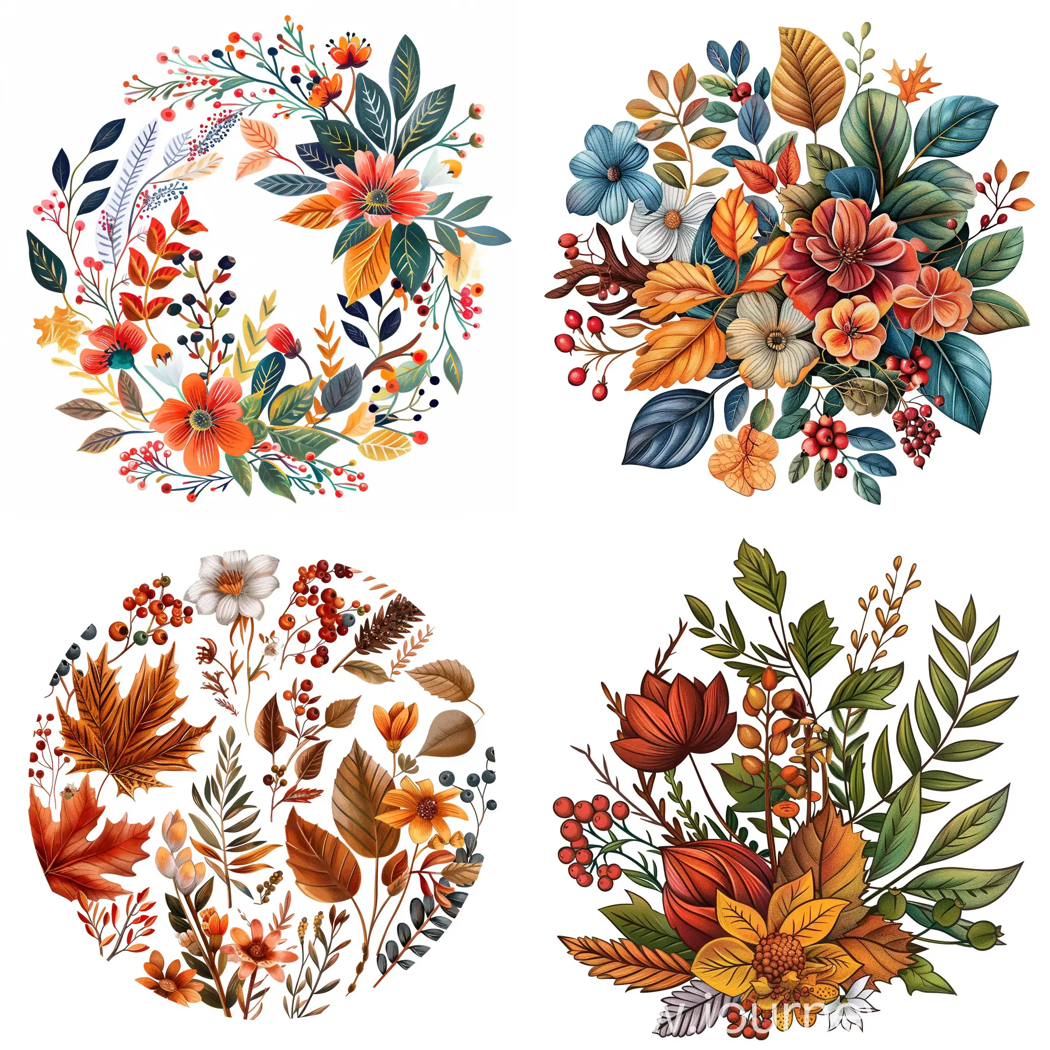 round ornament dedicated to autumn, including autumn leaves, flowers, berries, on a white background, decorative illustration