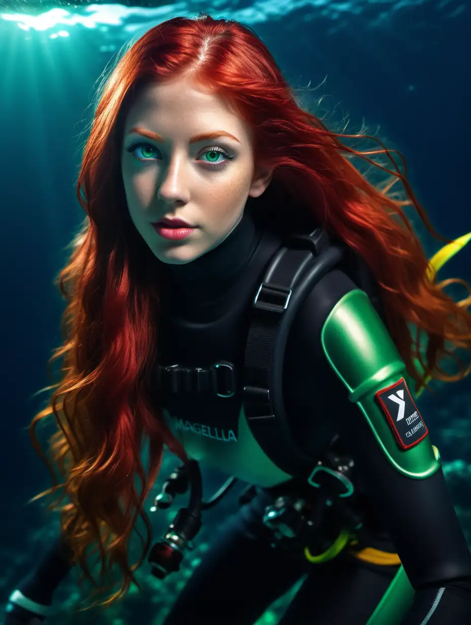 Create a high quality photography of 25 years old magella green, long red hair, green eyes, perfect lips. She wears scuba diving sport attire. She dives in the deep ocean as the marine wild live is around her. High definition 8k image, octane render.