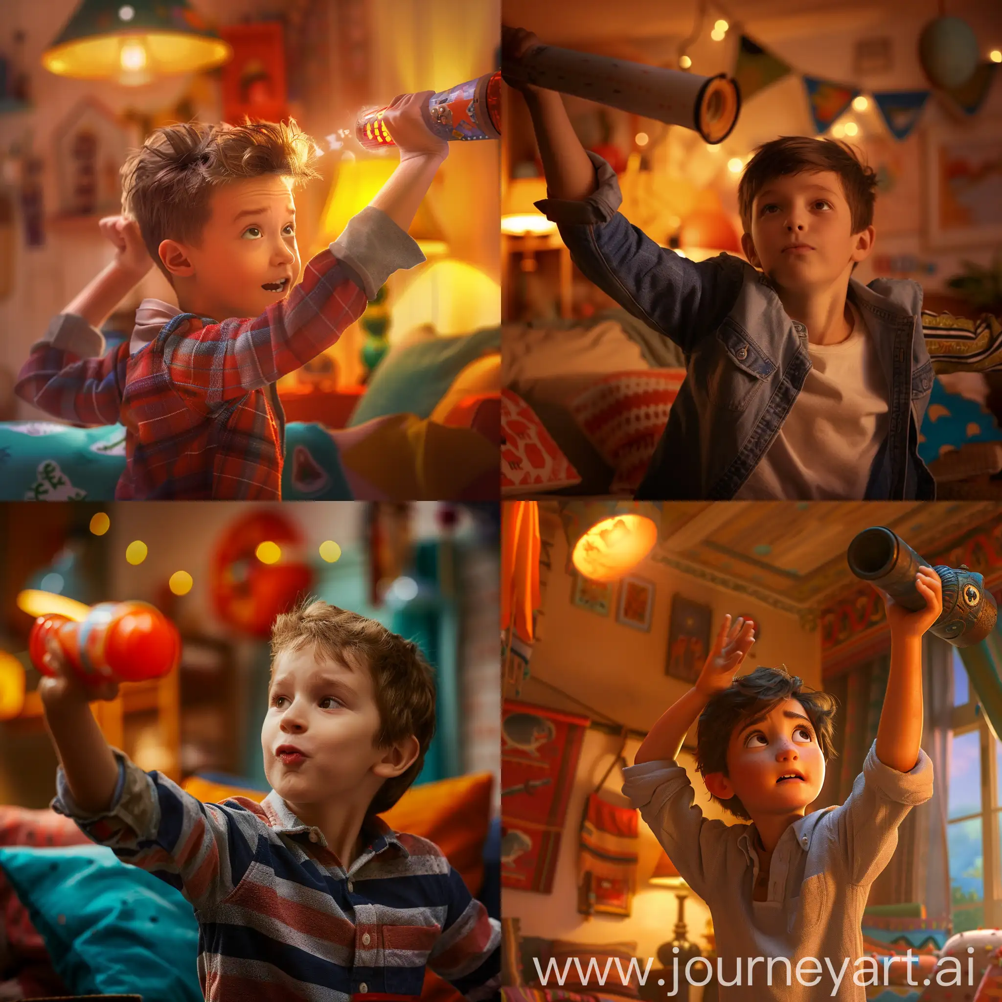 A boy, 8-10 years old, is about to throw a cannon-like toy. He looks excited and mischievous, with his arm raised in anticipation. The scene is set in a cozy indoor environment, with warm lighting and colorful décor. Capture the moment just before the toy is launched, conveying youthful energy and playful imagination.