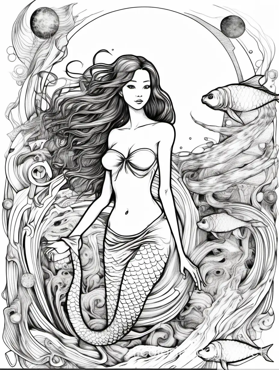 filmography bresson style, thin, slim, asian, full length view, mermaid, pen and ink and watercolor, fantasy, high detail, Coloring Page, black and white, line art, white background, The outlines of all the subjects are easy to distinguish, (no legs), Coloring Page, black and white, line art, white background, Simplicity, Ample White Space. The background of the coloring page is plain white to make it easy for young children to color within the lines. The outlines of all the subjects are easy to distinguish, making it simple for kids to color without too much difficulty