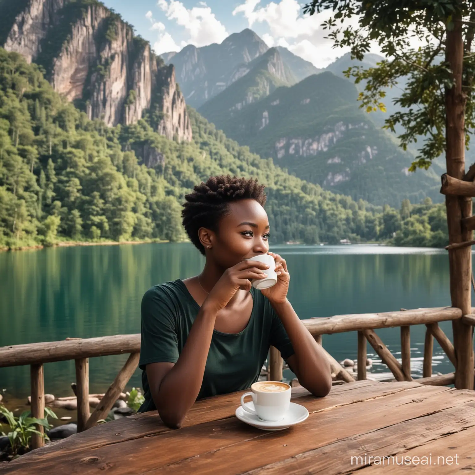  A beautiful young lady from Uganda, with fairly dark skin, round face, neatly short hair parted on the side, full-bodied, is drinking coffee in front of a wooden table, while enjoying the beautiful scenery of a lake surrounded by mountains and forests.