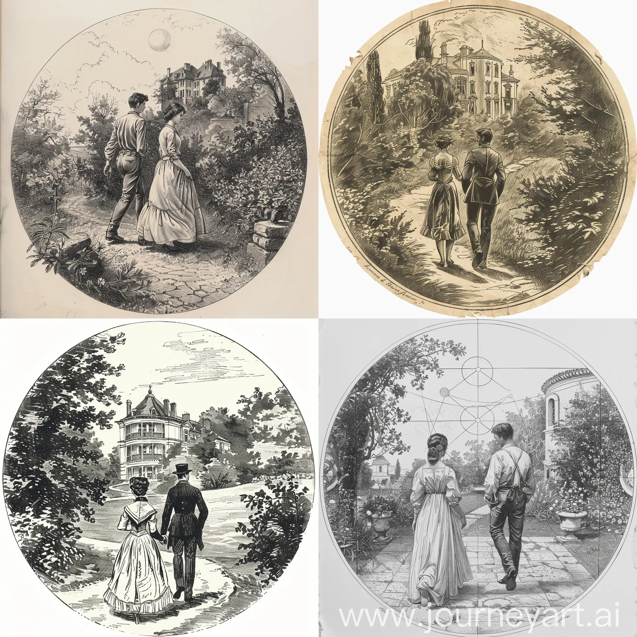 young woman and man walking in the garden in the manor vintage print drawing with one line image in a circle
