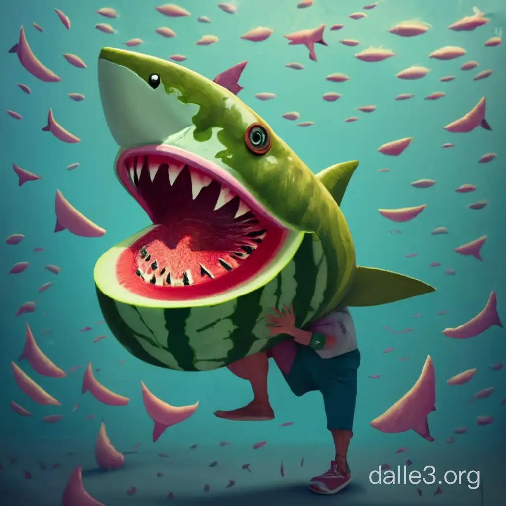 a man with a watermelon shaped like a shark, watermeloncore, watermelon, material is!!! watermelon!!!, half shark alligator half man, fruitcore, fruit monster, fruit celebrity, monokubo, watermelons, shark man, wearing a melon, fishcore, anthropomorphic shark, nobutaka ike, fruit basket, jotaro kujo