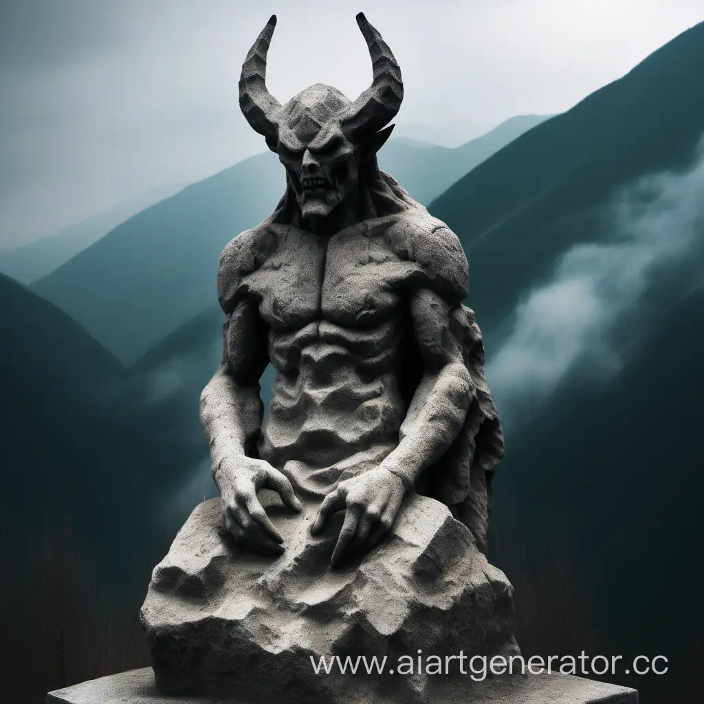 каменная статуя демона без глаз на горе