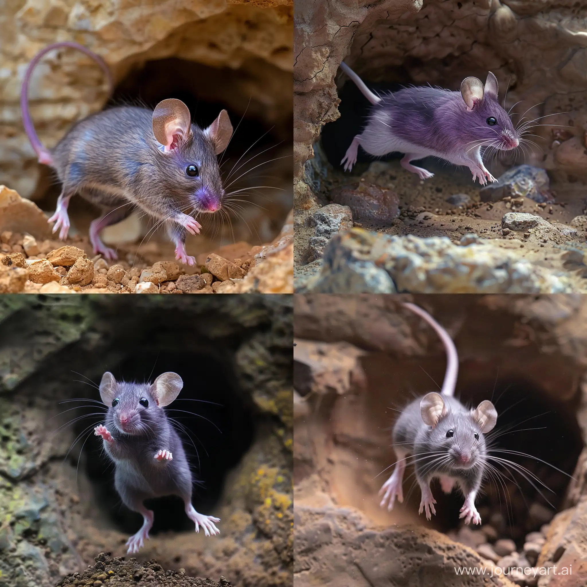 Серо-фиолетовая мышь прыгает в норку