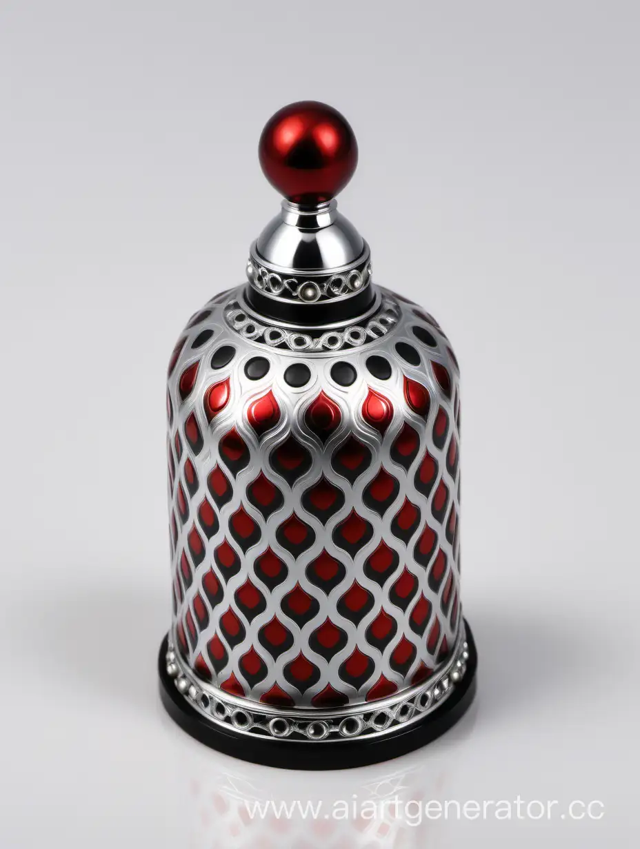 Zamac Perfume decorative ornamental long cap, pearl white black color with matt RED WHITE border line with dots in middle arabesque pattern shaped | metallizing finish