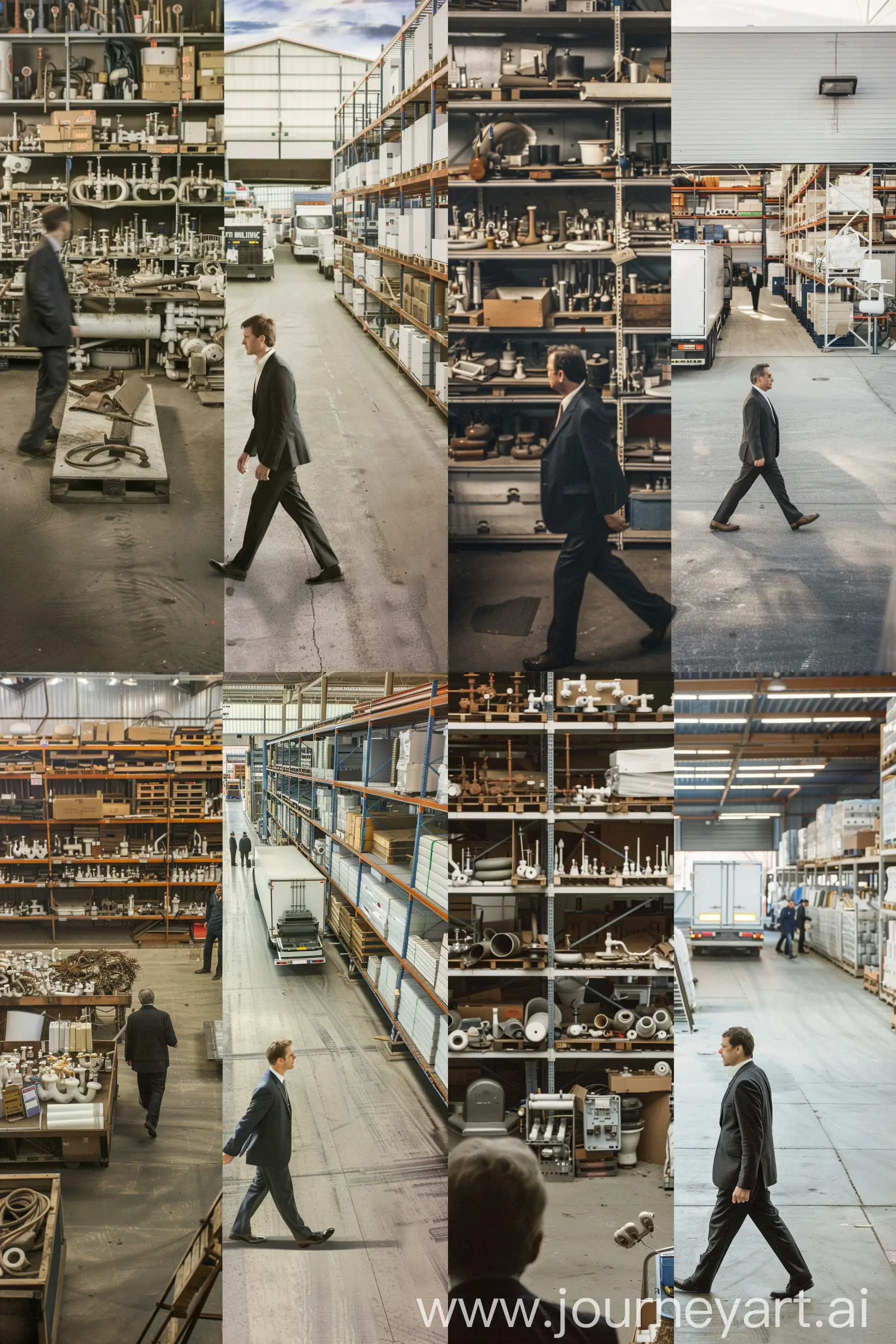 The image is divided into two parts vertically. A man in a suit is walking from left to right, crossing this border. On the left, a flea market is shown where sellers are selling old plumbing. On the right is a warehouse with a view from inside the building, an automated new white plumbing warehouse inside, surrounded by shelves, where all the new plumbing goods are neatly arranged, the floor is clean, and a truck is unloading to the warehouse where employees are carrying boxes --ar 4:6 --v 6