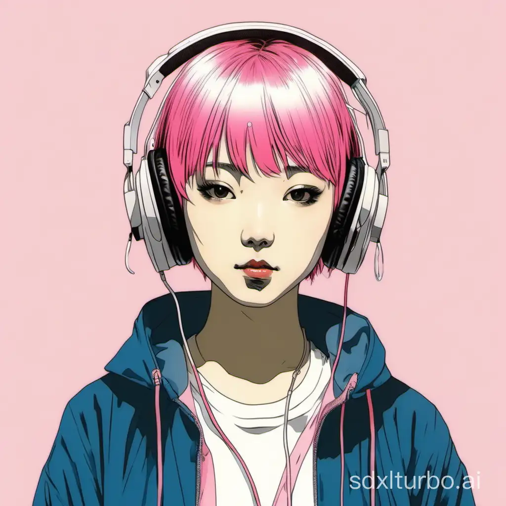 artwork of a Japanese girl with short pink hair wearing headphones by Hisashi Eguchi