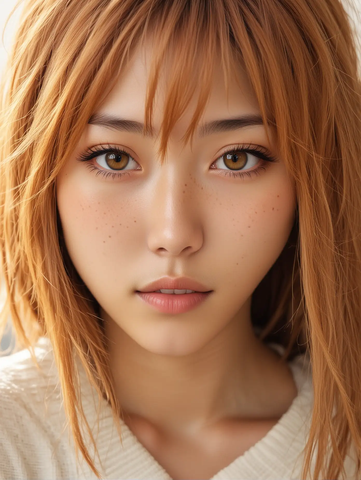Japanese girl with very light skin and caramel-colored hair and medium length hair. She has freckles covering her nose and huge amber eyes.
